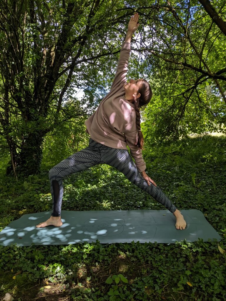 Reverse warrior performed by a yoga teacher during an outdoor session in the countryside, capturing the flow and focus of a vinyasa practice.